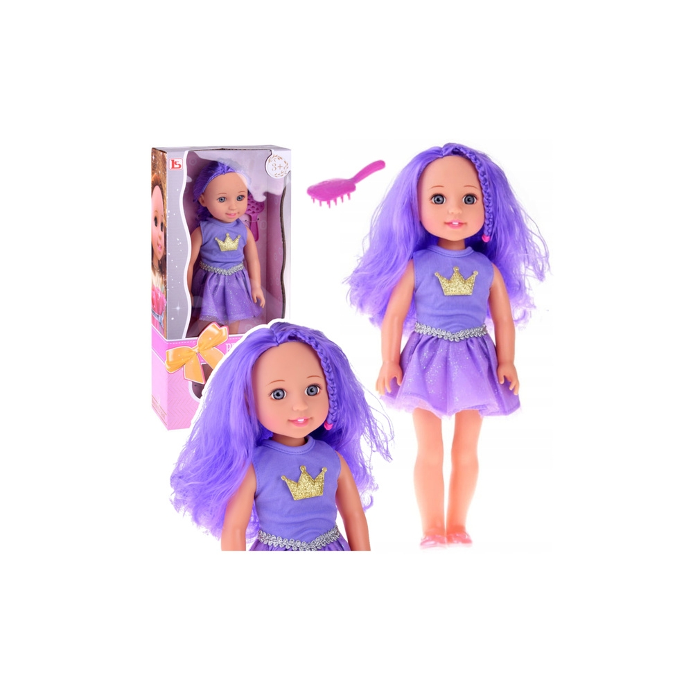 Lėlė su suknele, karūna ir ilgais plaukais, violetinis šepetys 38 cm