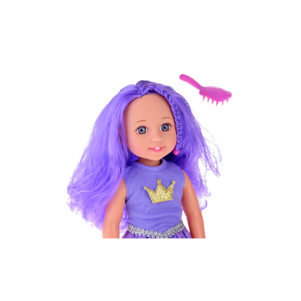 Lėlė su suknele, karūna ir ilgais plaukais, violetinis šepetys 38 cm