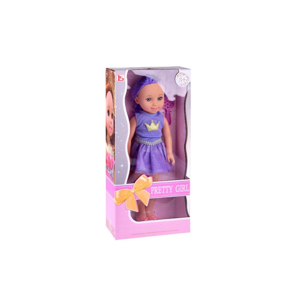 Lėlė su suknele, karūna ir ilgais plaukais, violetinis šepetys 38 cm