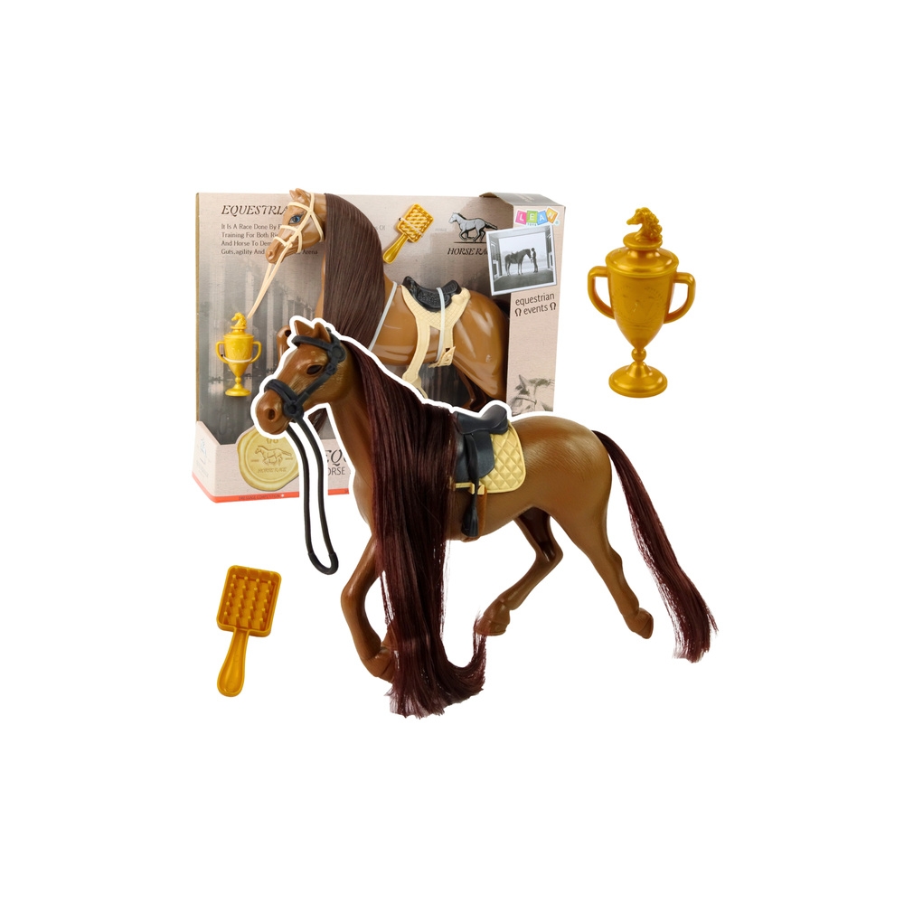 Koń Z Długą Grzywą Siodło Puchar Szczotka Akcesoria Brązowy