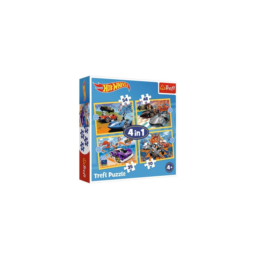 Dėlionė – 4 viename (12, 15, 20, 24) – „Hot Wheels“ transporto priemonės – „Trefl“ 34627-Žaislai, Dėlionės, Dėlionės iki 500 det
