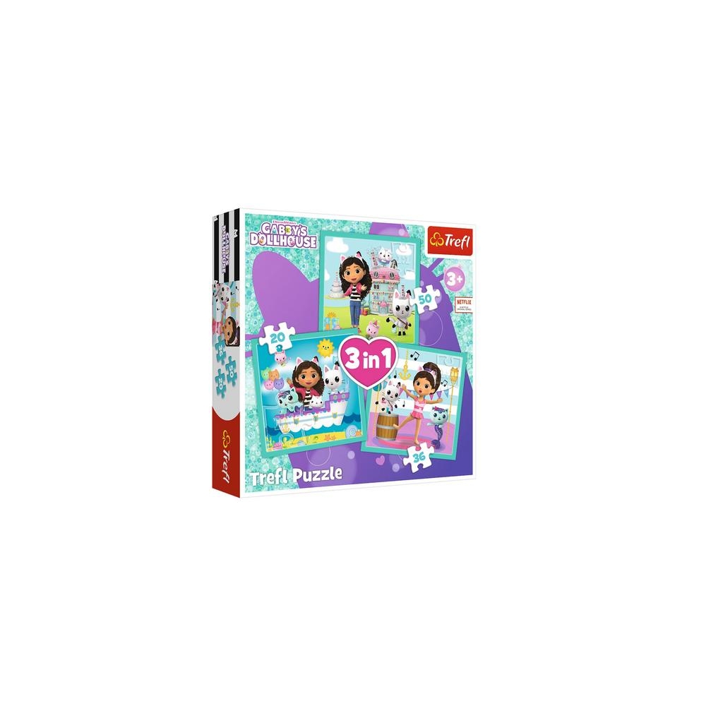 Dėlionė - 3in1 (20, 36, 50) - Gabbi veikla - Gabi's Cat House - Trefl 34871-Žaislai, Dėlionės, Dėlionės iki 500 detalių-e-vaikas