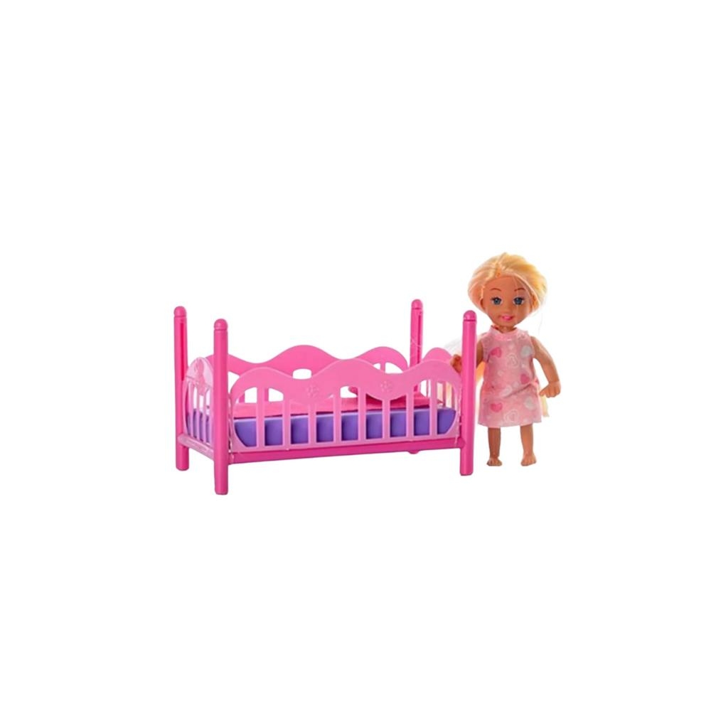 Mini lėlė su pižama ir rausva lovytė