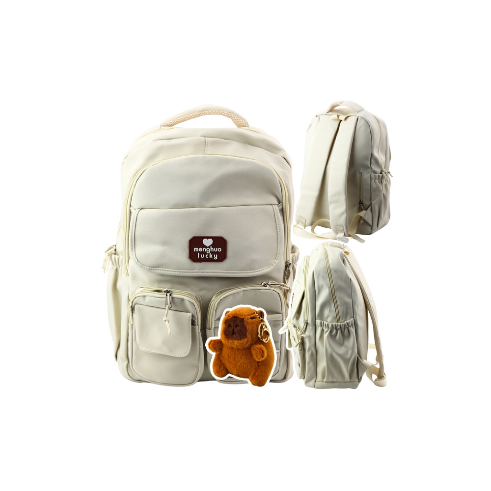 Capybara miesto mokyklinė kuprinė su raktų pakabuku Beige Cream 25L 42cm-Drabužiai ir aksesuarai, Aksesuarai, Rankinės, kuprinės