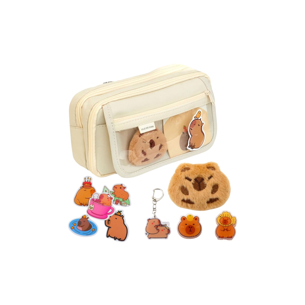 Dviejų skyrių mokyklinis pieštukinis dėklas su kišenėmis Priedai Capybara 21x12 cm