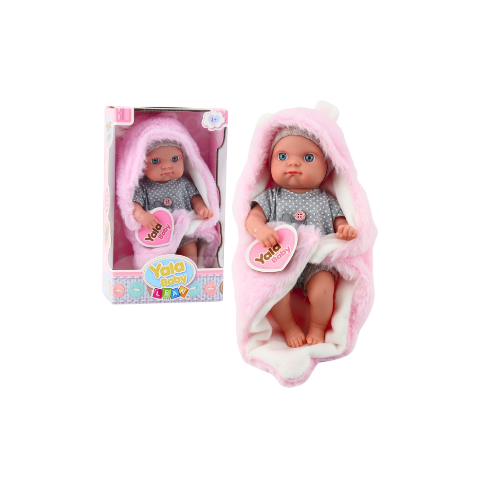 Lėlė kūdikis su pilka pižama ir rožine zuikio antklode 23 cm