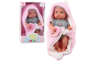 Lėlė kūdikis su pilka pižama ir rožine zuikio antklode 23 cm