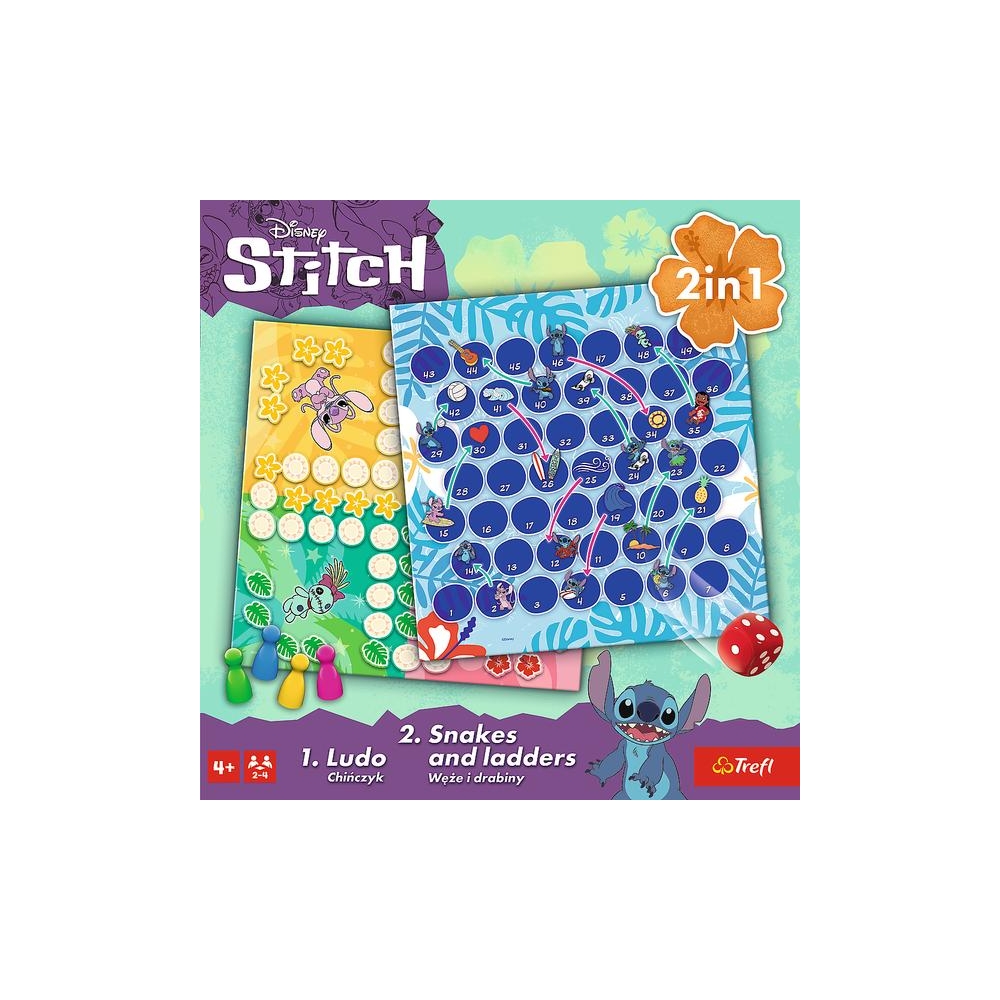 Klasikinis žaidimas Lilo ir Stitch 2in1 Kinų gyvatės ir kopėčios Trefl 02656-Žaislai, Stalo žaidimai, Įvairūs stalo žaidimai-e-v