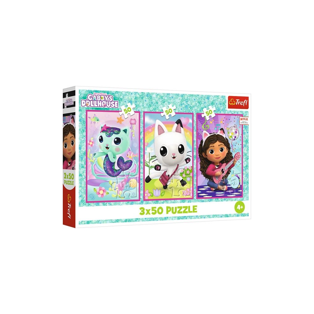 Dėlionė - 3x50 - Susipažinkite su Gabby ir katėmis - Gabi's Cat House - Trefl 34876-Žaislai, Dėlionės, Dėlionės iki 500 detalių-