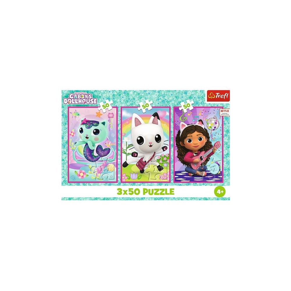 Dėlionė - 3x50 - Susipažinkite su Gabby ir katėmis - Gabi's Cat House - Trefl 34876-Žaislai, Dėlionės, Dėlionės iki 500 detalių-