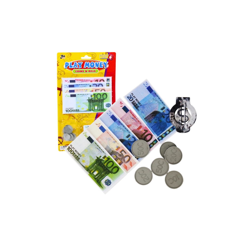 Žaislinių pinigų rinkinys - banknotai ir monetos Eurai