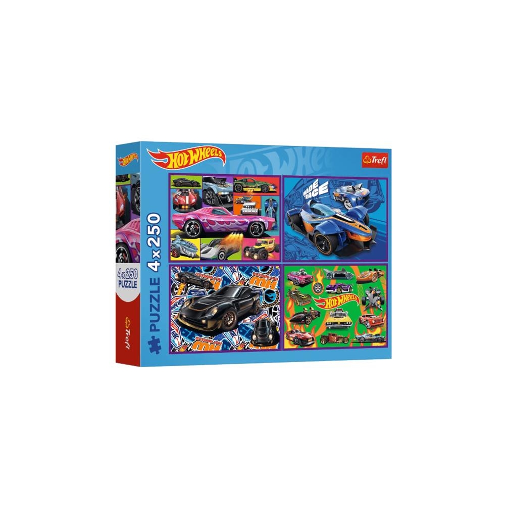 Dėlionė - 4x250 - Hot Wheels - Lenktyniniai automobiliai - Trefl 13312-Žaislai, Dėlionės, Dėlionės iki 500 detalių-e-vaikas