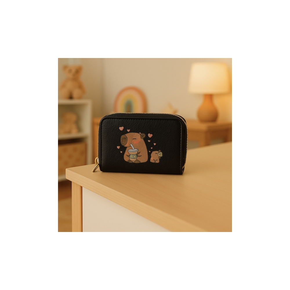 Dviejų skyrių piniginė Capybara 12,5 x 8,5 cm juoda-Drabužiai ir aksesuarai, Aksesuarai, Rankinės, kuprinės, lagaminai-e-vaikas