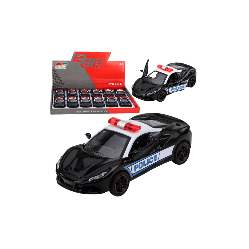 Sportinis Policijos automobilis su varikliu, metalinis „pull-back“ modelis, juodos spalvos, 1:43-Žaislai, Auto ir transporto žai