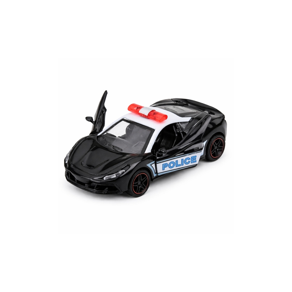 Sportinis Policijos automobilis su varikliu, metalinis „pull-back“ modelis, juodos spalvos, 1:43-Žaislai, Auto ir transporto žai