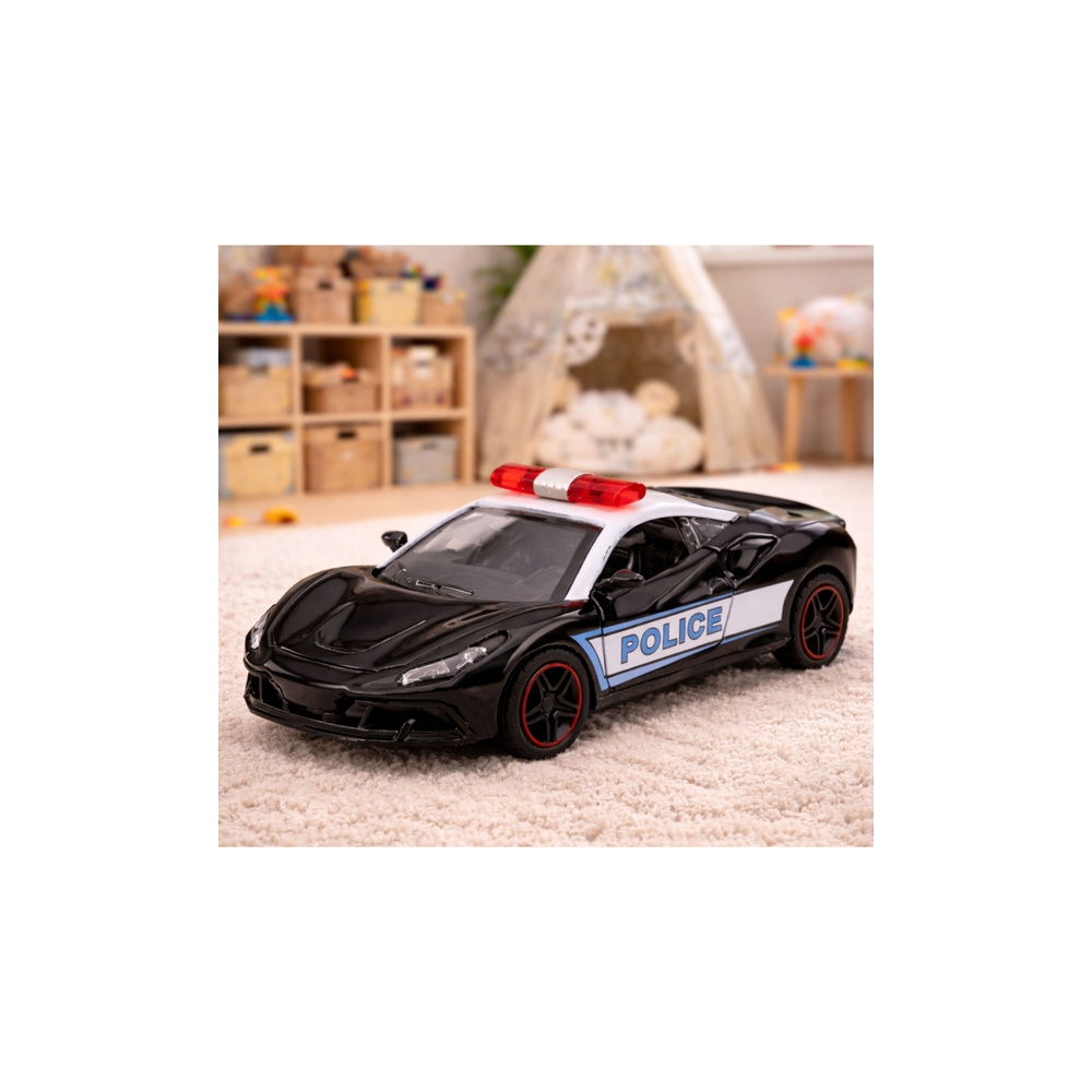 Sportinis Policijos automobilis su varikliu, metalinis „pull-back“ modelis, juodos spalvos, 1:43-Žaislai, Auto ir transporto žai