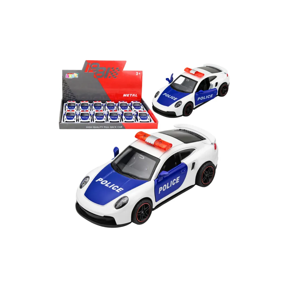 Sportinis Policijos automobilis su varikliu, metalinis „pull-back“ modelis, baltas, 1:43-Žaislai, Auto ir transporto žaislai, Ma