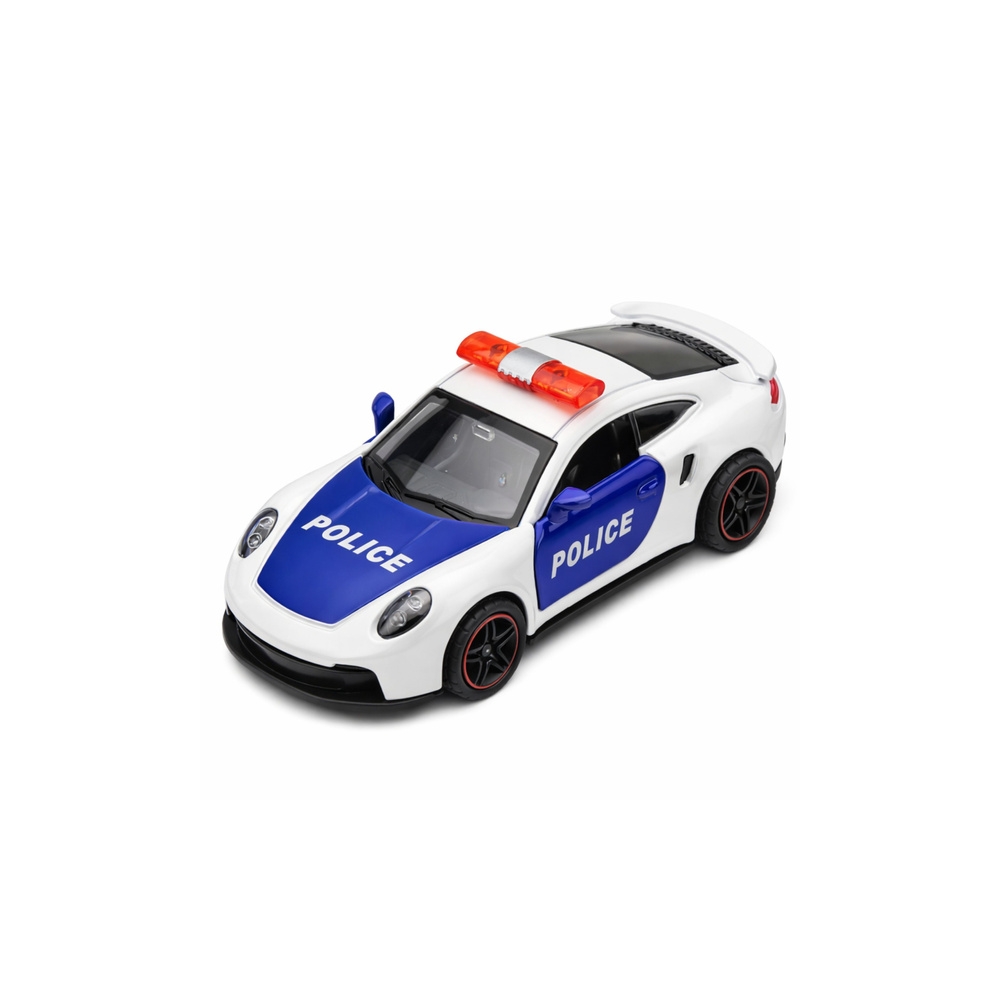 Policijos sportinis automobilis su varikliu, metalinis „pull-back“ modelis, baltas, 1:43
