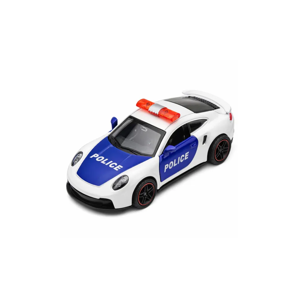 Sportinis Policijos automobilis su varikliu, metalinis „pull-back“ modelis, baltas, 1:43-Žaislai, Auto ir transporto žaislai, Ma