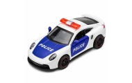 Policijos sportinis automobilis su varikliu, metalinis „pull-back“ modelis, baltas, 1:43