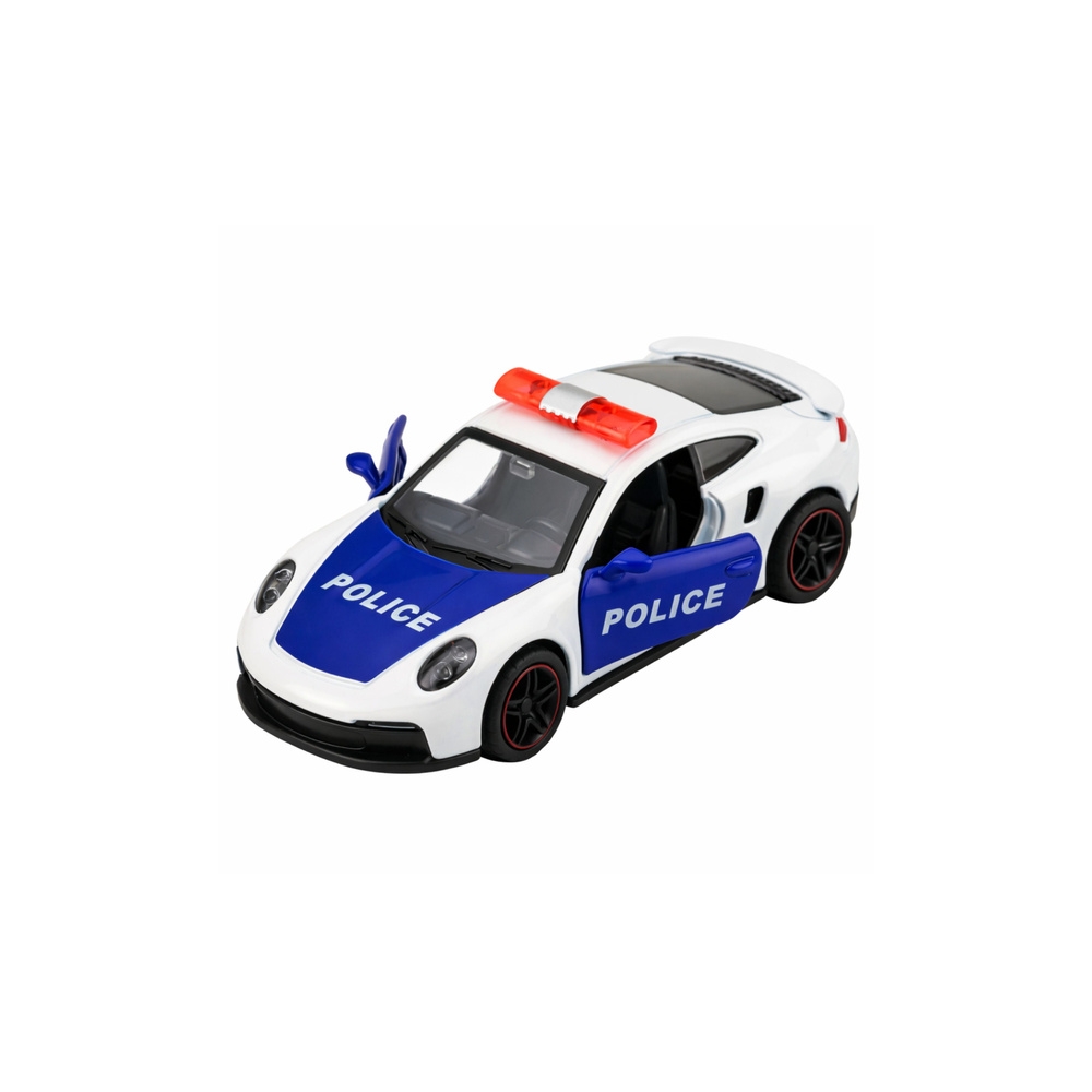 Policijos sportinis automobilis su varikliu, metalinis „pull-back“ modelis, baltas, 1:43
