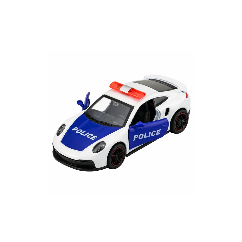 Sportinis Policijos automobilis su varikliu, metalinis „pull-back“ modelis, baltas, 1:43-Žaislai, Auto ir transporto žaislai, Ma