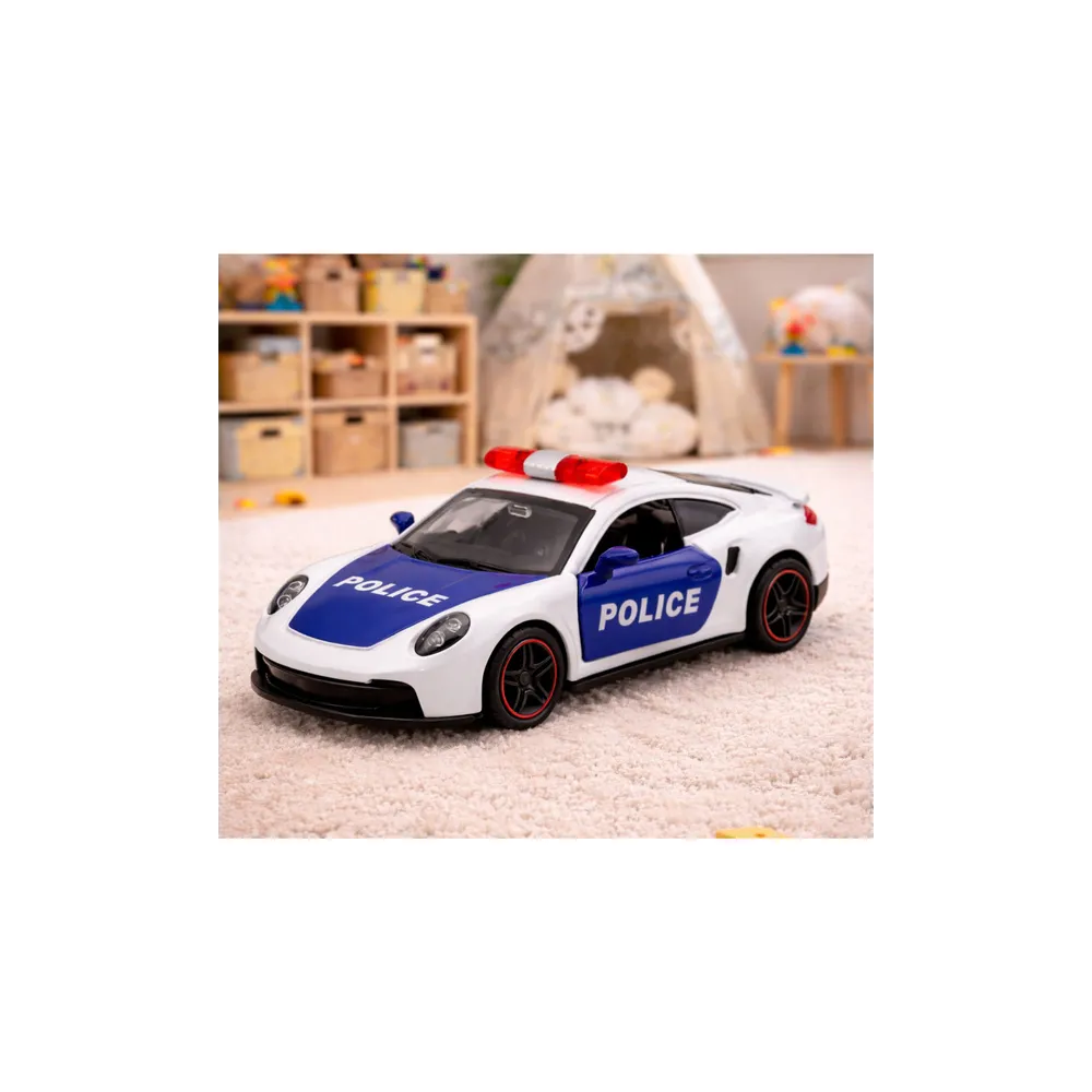 Sportinis Policijos automobilis su varikliu, metalinis „pull-back“ modelis, baltas, 1:43-Žaislai, Auto ir transporto žaislai, Ma