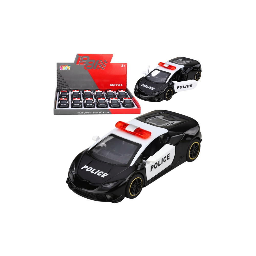 Sportinis policijos automobilis su varikliu, metalinis „pull-back“ modelis, juodos spalvos, 1:43-Žaislai, Auto ir transporto žai