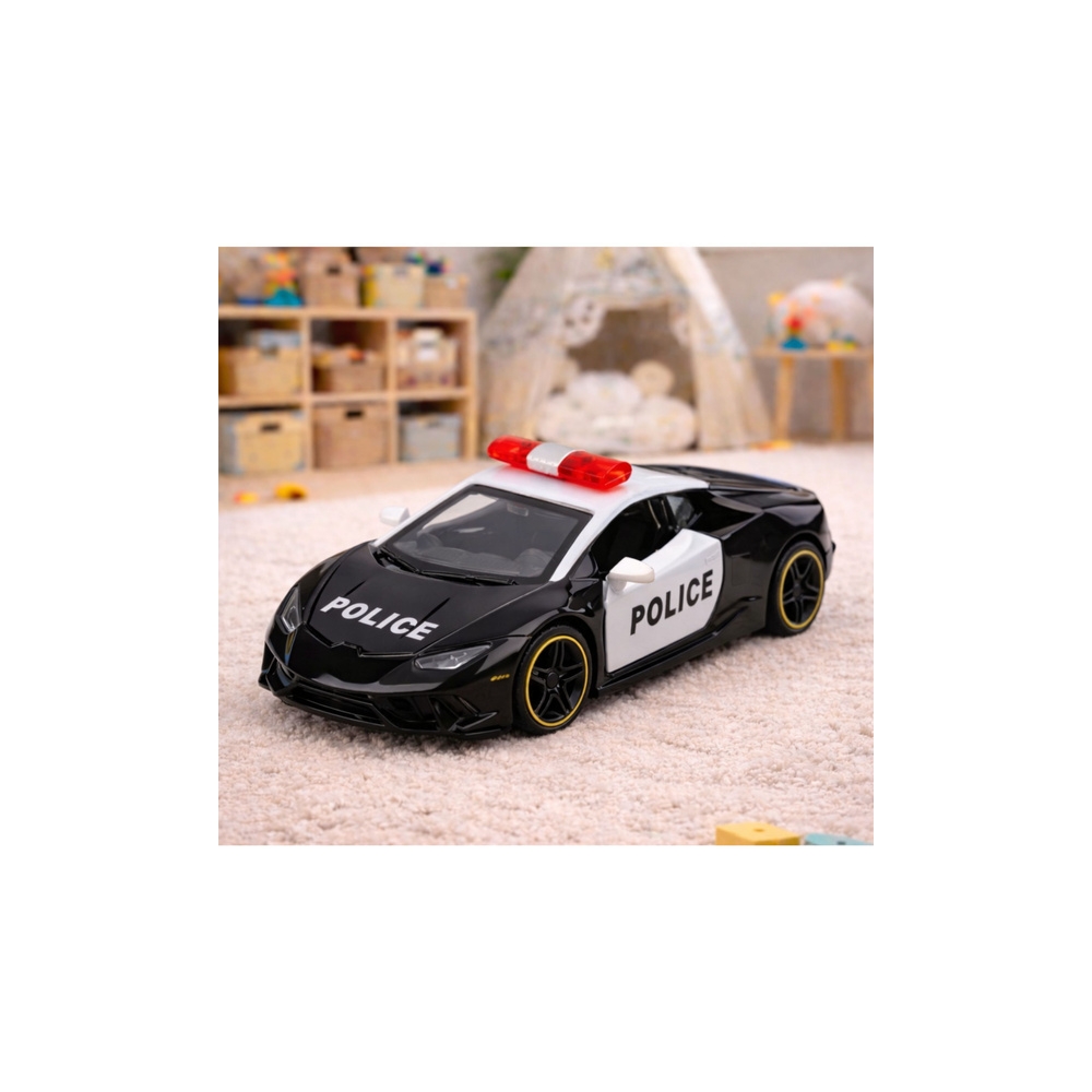 Sportinis policijos automobilis su varikliu, metalinis „pull-back“ modelis, juodos spalvos, 1:43-Žaislai, Auto ir transporto žai