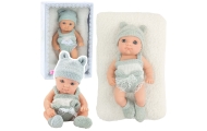 Lalka Bobas Niemowlak Z Kocykiem Biało-Szare Ubranko Czapeczka 18 cm