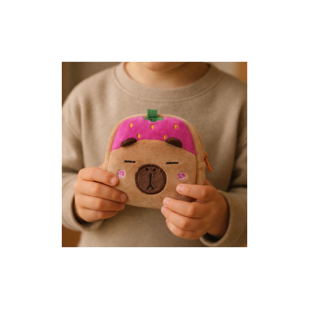 Pliušinė piniginė su raktų pakabuku Capybara Strawberry Pink 9,5 x 8 cm-Drabužiai ir aksesuarai, Aksesuarai, Rankinės, kuprinės,