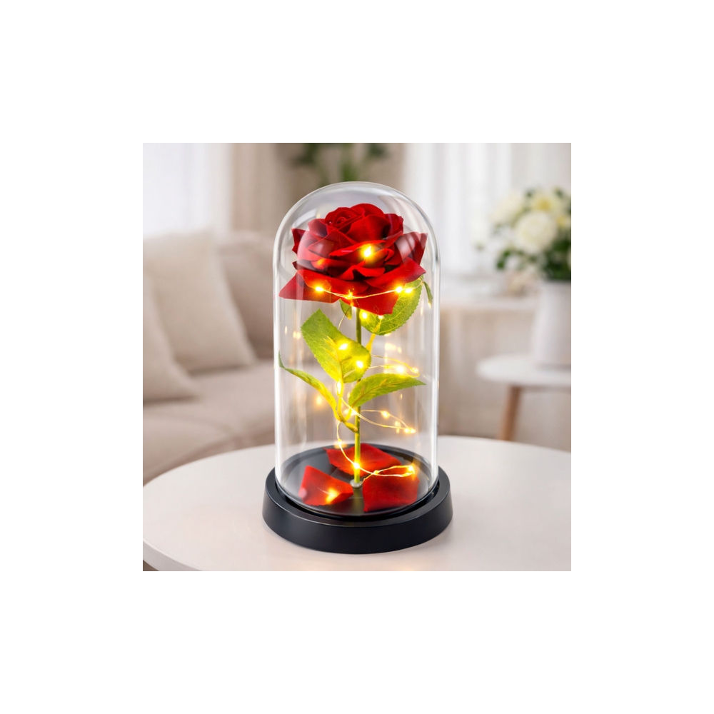 Amžinoji rožė stikliniame kupole su LED apšvietimu Raudona 21,5 x 11 cm-Namai, laisvalaikis, turizmas, Namų apyvokos prekės-e-va