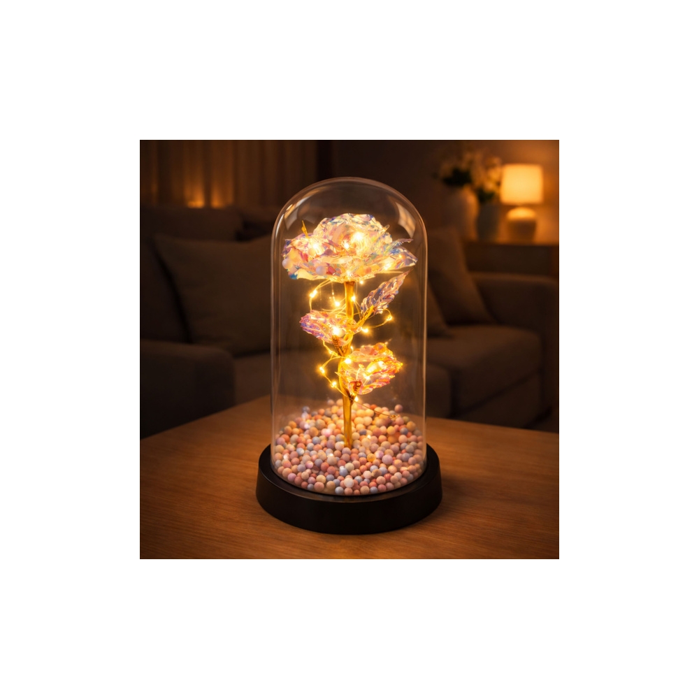 Amžinoji rožė stikliniame kupole su LED kristalų apšvietimu 21,5 x 11 cm-Namai, laisvalaikis, turizmas, Namų apyvokos prekės-e-v
