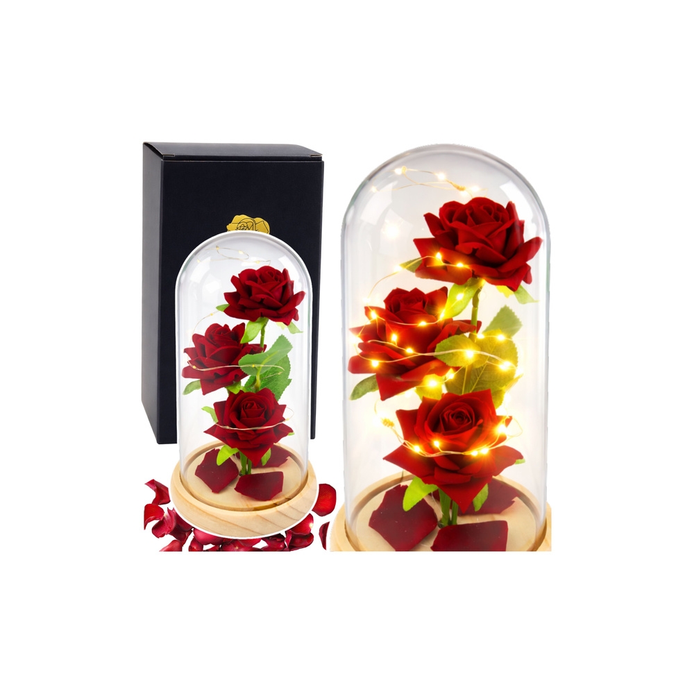 Amžinosios rožės stikliniame kupole su LED apšvietimu Raudona 21,5 x 11 cm