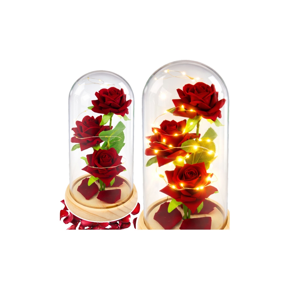 Wieczne Róże W Szklanej Kopule Oświetlenie LED Czerwone 21,5 x 11 cm