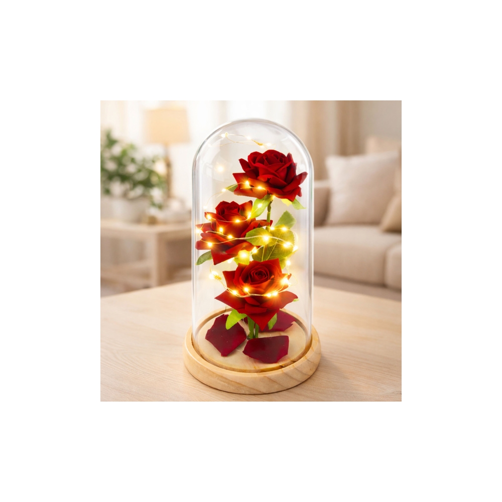 Wieczne Róże W Szklanej Kopule Oświetlenie LED Czerwone 21,5 x 11 cm
