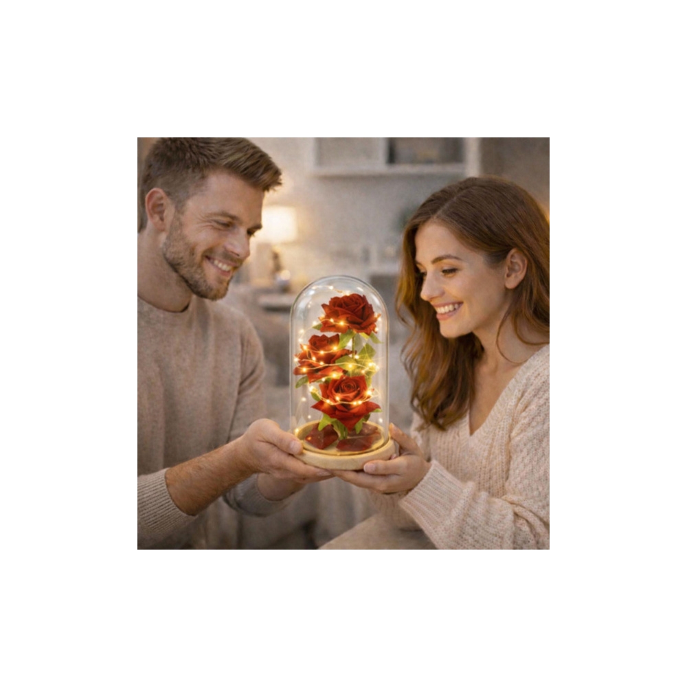 Wieczne Róże W Szklanej Kopule Oświetlenie LED Czerwone 21,5 x 11 cm