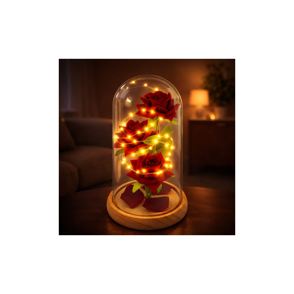 Wieczne Róże W Szklanej Kopule Oświetlenie LED Czerwone 21,5 x 11 cm