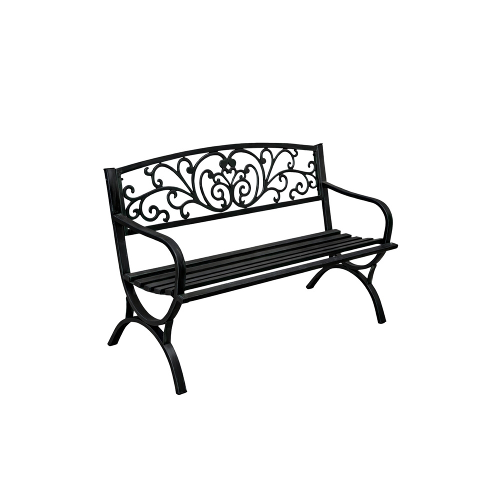 Sodo suoliukas „Taras Ogród Parkowa“ iš metalo su puošniu atlošu, juodos spalvos, 127 cm