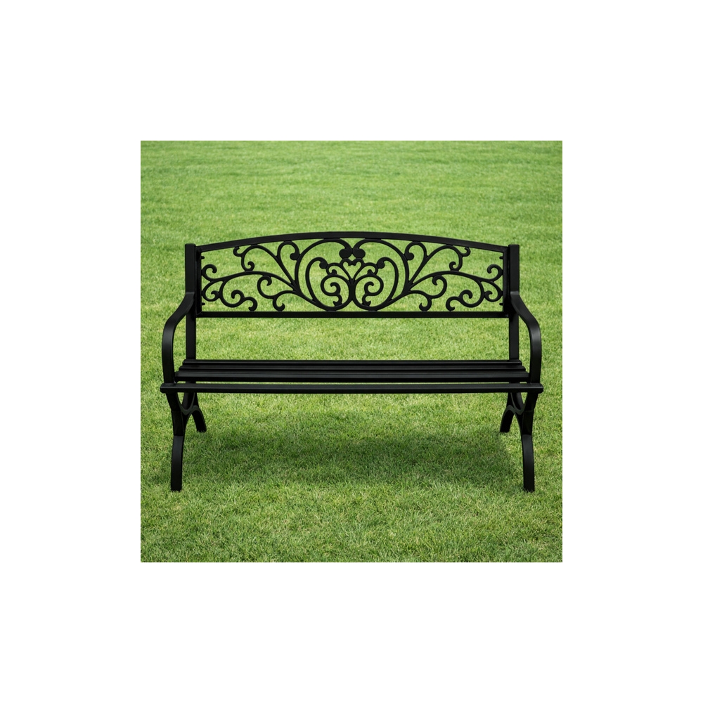 Ławka Ogrodowa Taras Ogród Parkowa Metalowa Oparcie Zdobiona Czarna 127 cm