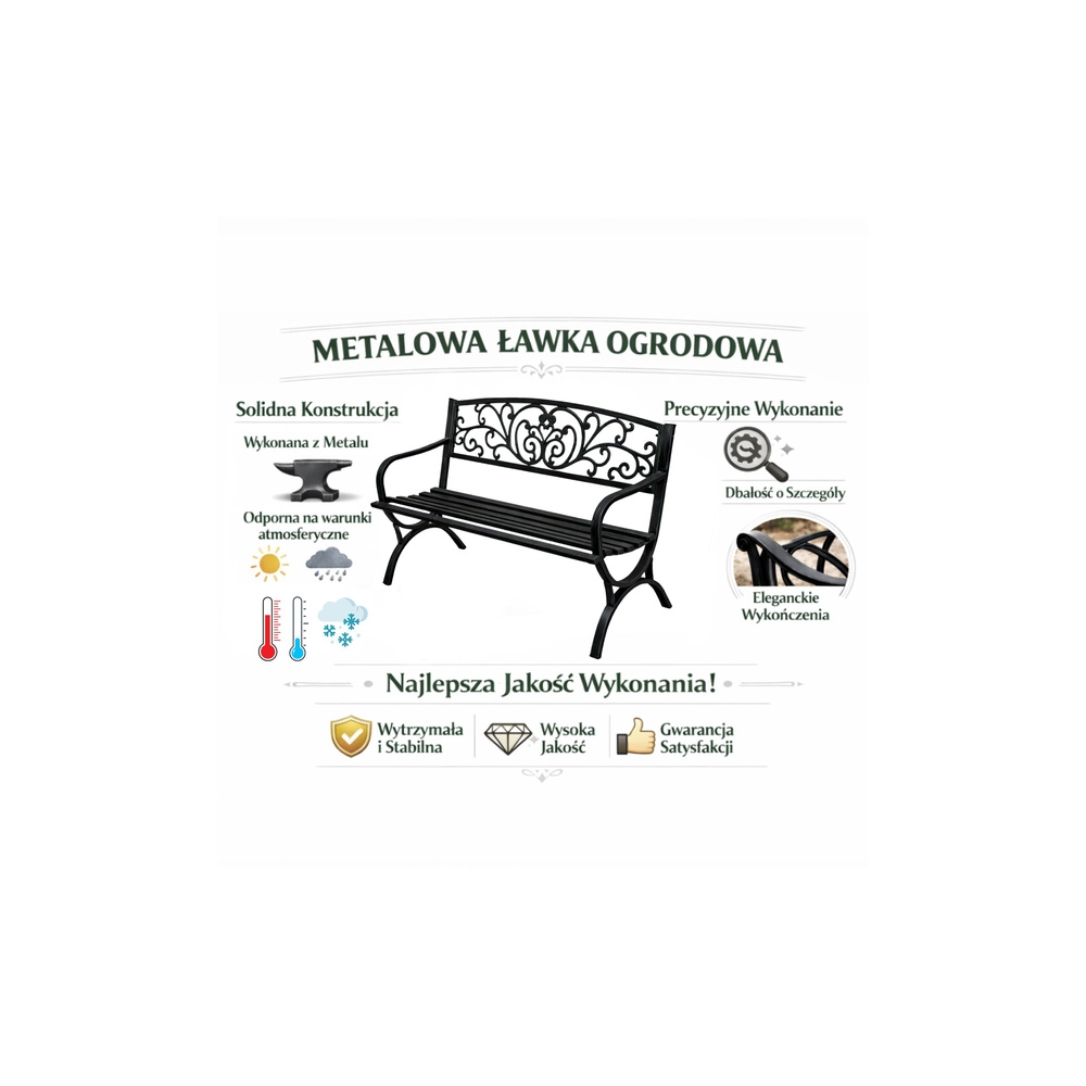 Ławka Ogrodowa Taras Ogród Parkowa Metalowa Oparcie Zdobiona Czarna 127 cm