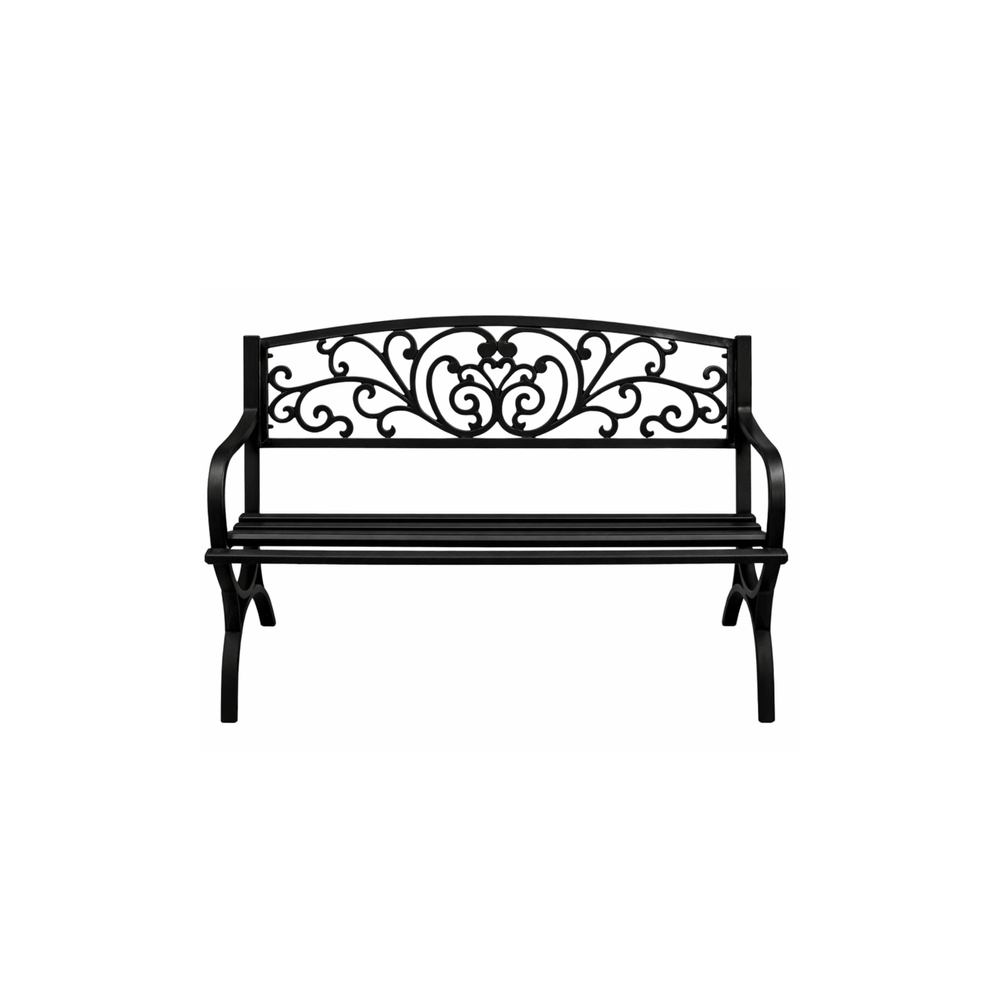 Sodo suoliukas „Taras Ogród Parkowa“ iš metalo su puošniu atlošu, juodos spalvos, 127 cm