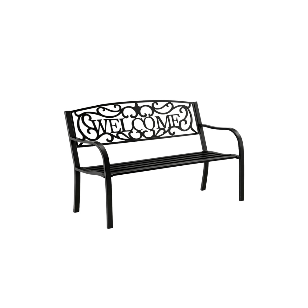 Sodo suoliukas „Taras Ogród Park“ iš metalo su atlošu „WELCOME“, juodos spalvos, 127 cm-Namai, laisvalaikis, turizmas, Sodo bald