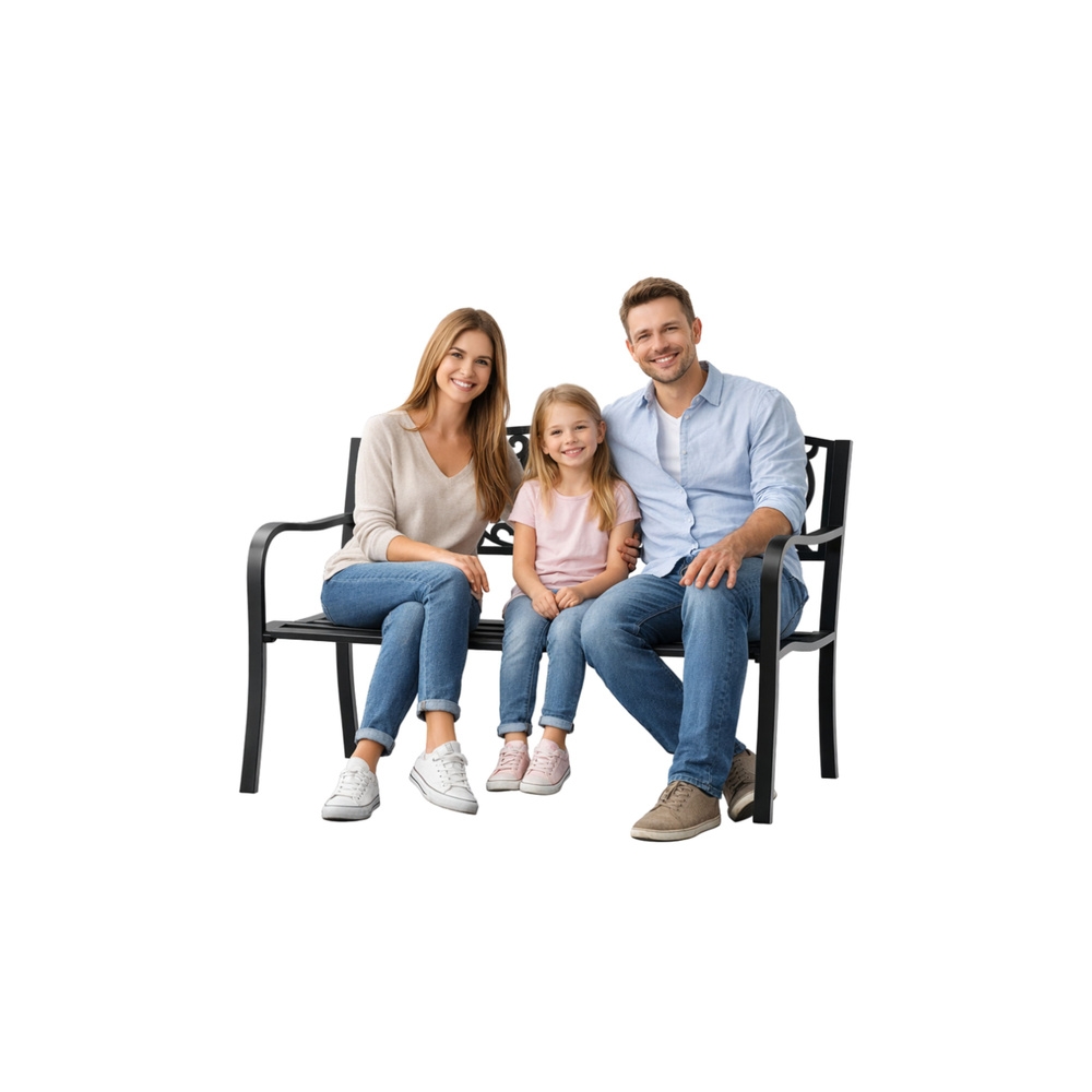 Sodo suoliukas „Taras Ogród Park“ iš metalo su atlošu „WELCOME“, juodos spalvos, 127 cm-Namai, laisvalaikis, turizmas, Sodo bald