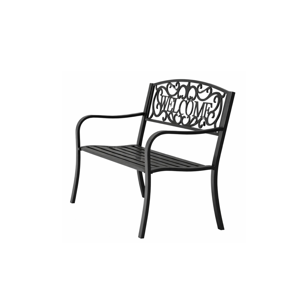 Sodo suoliukas „Taras Ogród Park“ iš metalo su atlošu „WELCOME“, juodos spalvos, 127 cm-Namai, laisvalaikis, turizmas, Sodo bald