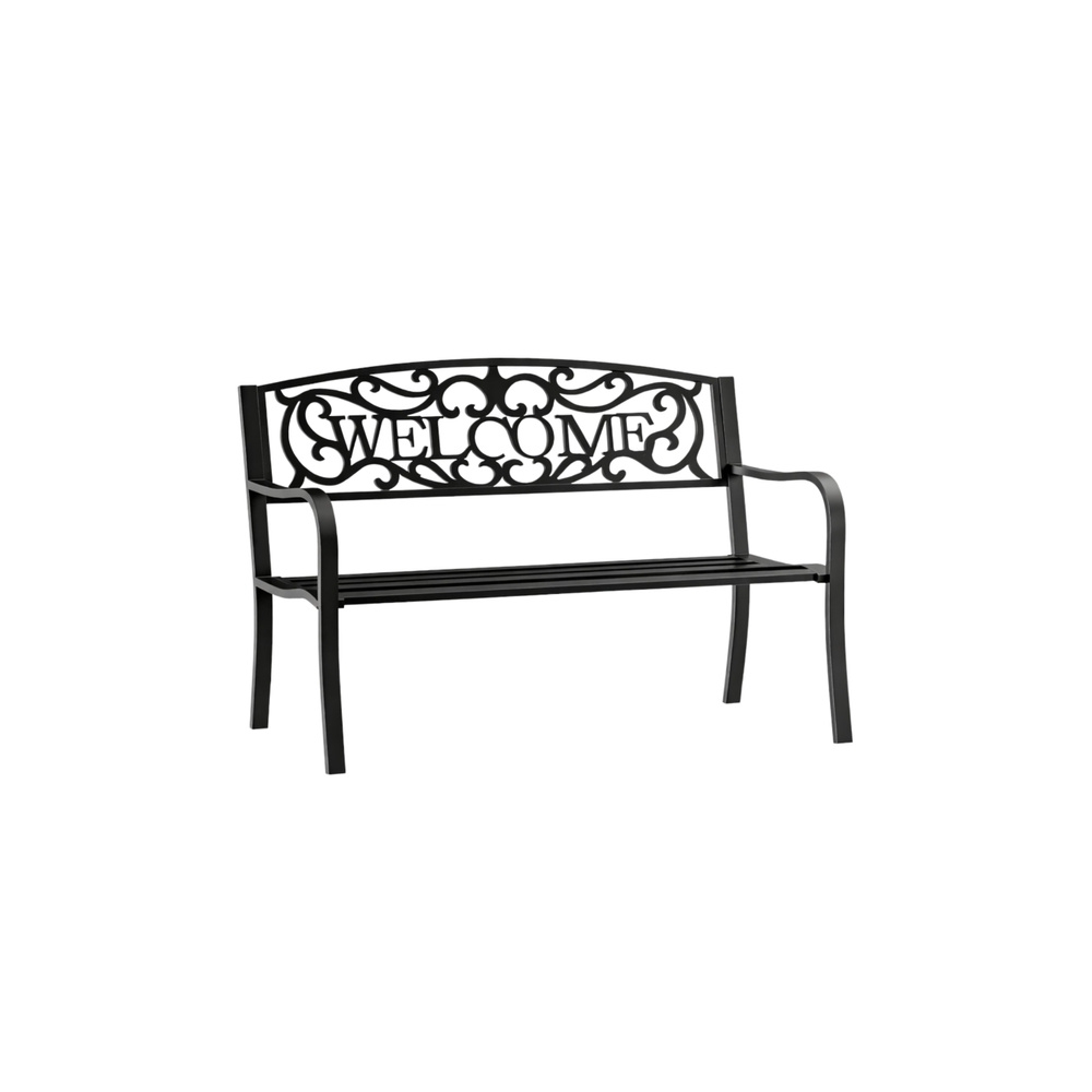 Sodo suoliukas „Taras Ogród Park“ iš metalo su atlošu „WELCOME“, juodos spalvos, 127 cm-Namai, laisvalaikis, turizmas, Sodo bald
