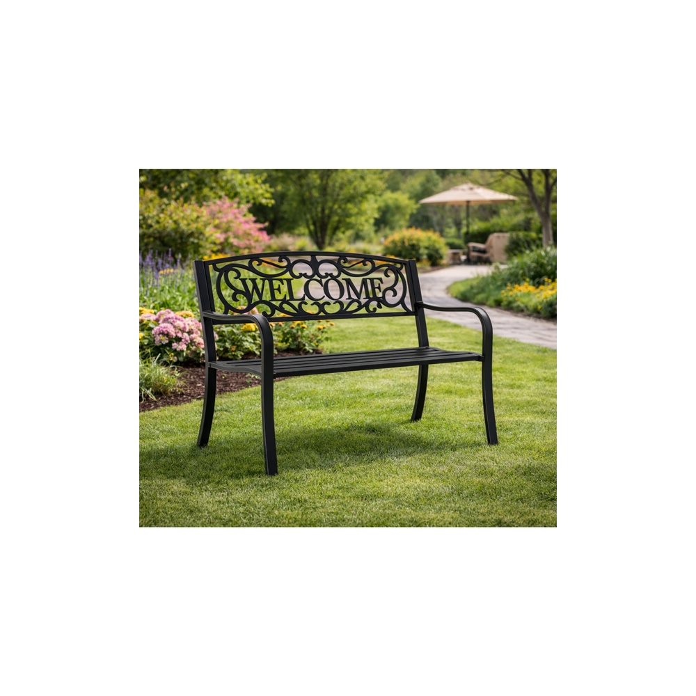 Sodo suoliukas „Taras Ogród Park“ iš metalo su atlošu „WELCOME“, juodos spalvos, 127 cm-Namai, laisvalaikis, turizmas, Sodo bald