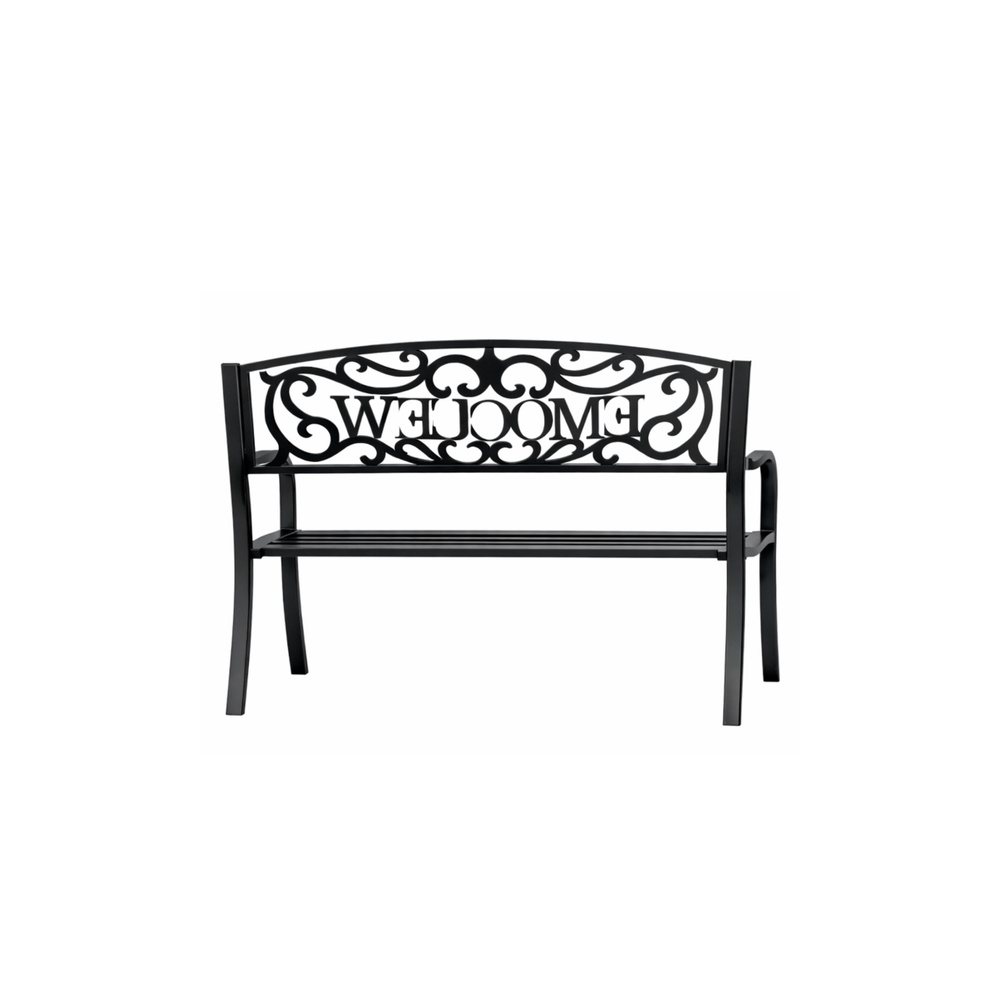 Sodo suoliukas „Taras Ogród Park“ iš metalo su atlošu „WELCOME“, juodos spalvos, 127 cm-Namai, laisvalaikis, turizmas, Sodo bald