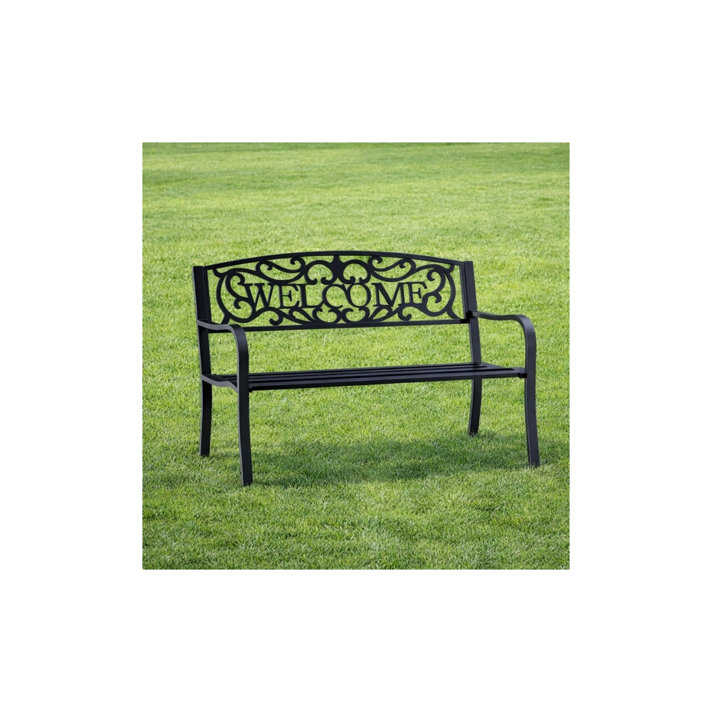 Sodo suoliukas „Taras Ogród Park“ iš metalo su atlošu „WELCOME“, juodos spalvos, 127 cm-Namai, laisvalaikis, turizmas, Sodo bald