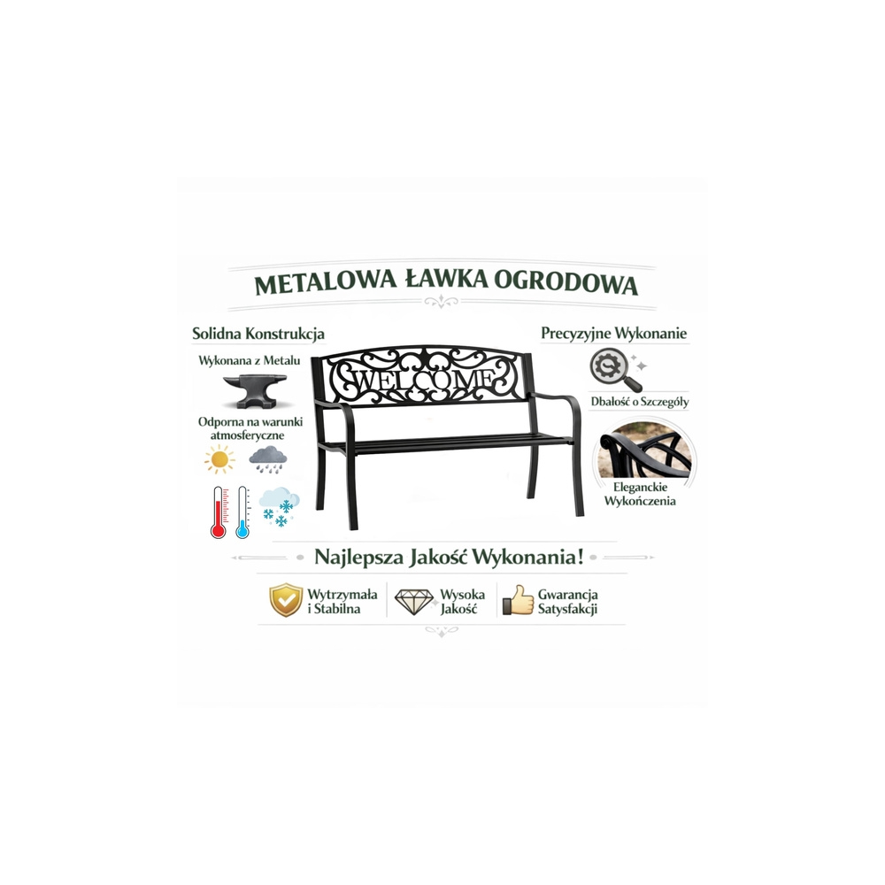 Sodo suoliukas „Taras Ogród Park“ iš metalo su atlošu „WELCOME“, juodos spalvos, 127 cm-Namai, laisvalaikis, turizmas, Sodo bald